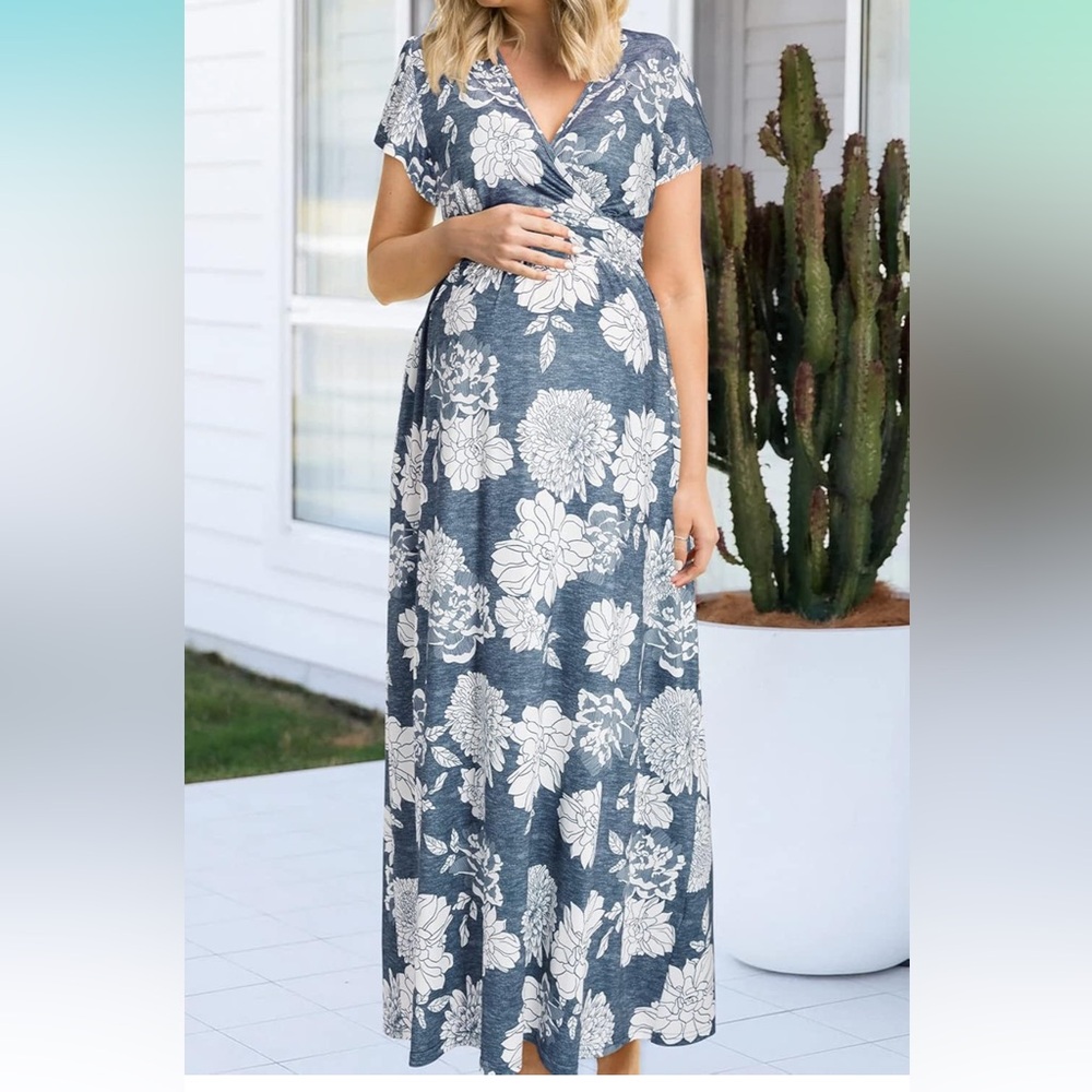 Maternity Floral Maxi Dress in Gray and White